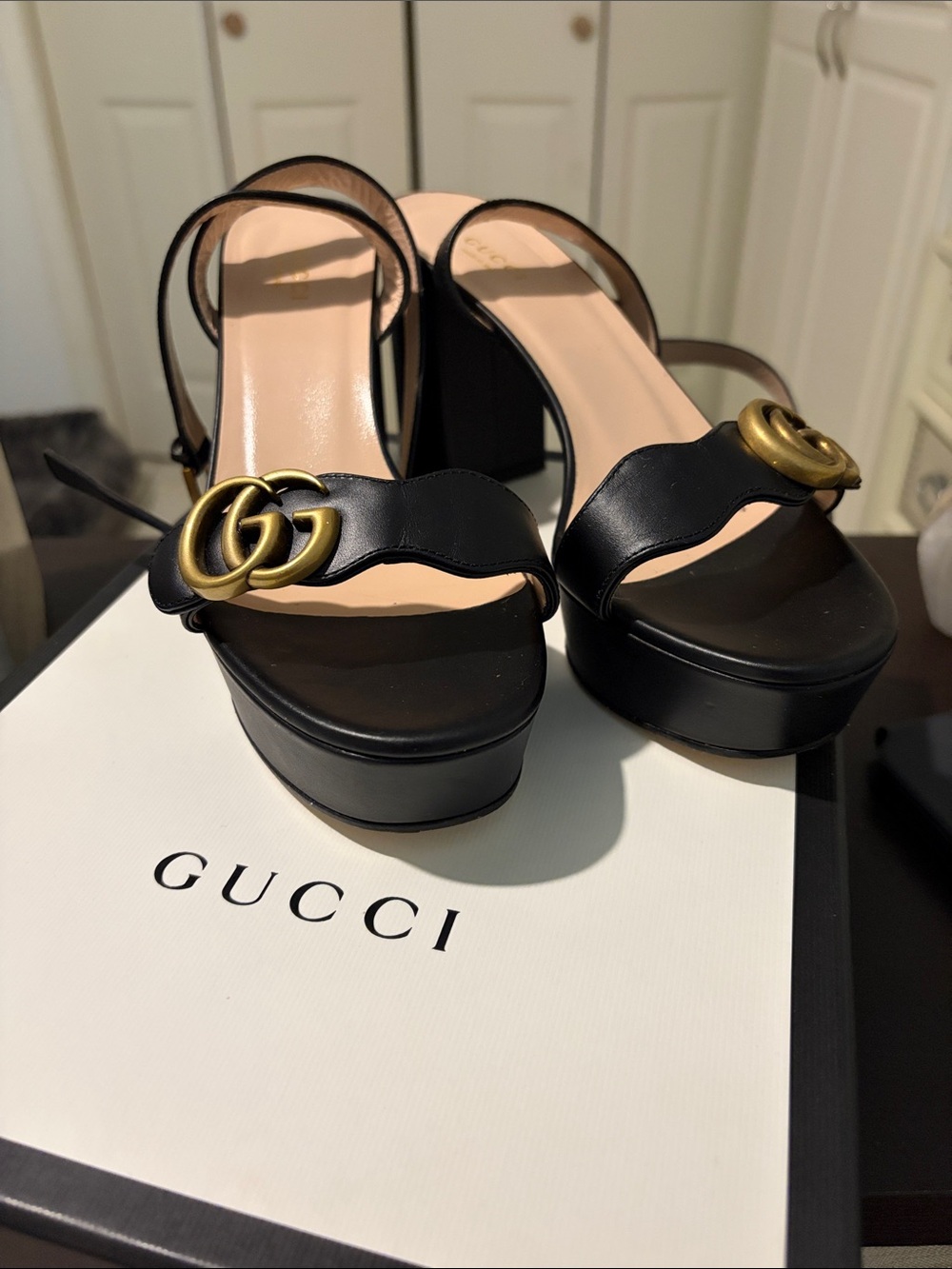 Gucci Black Leather Platform Sandals with Gold GG Accent